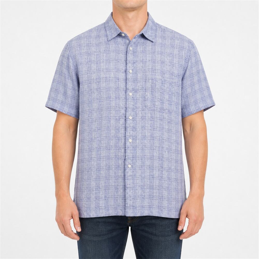 Jos A Bank Reserve Shirt Mens Large Purple Plaid 100% Linen Short Sleeve